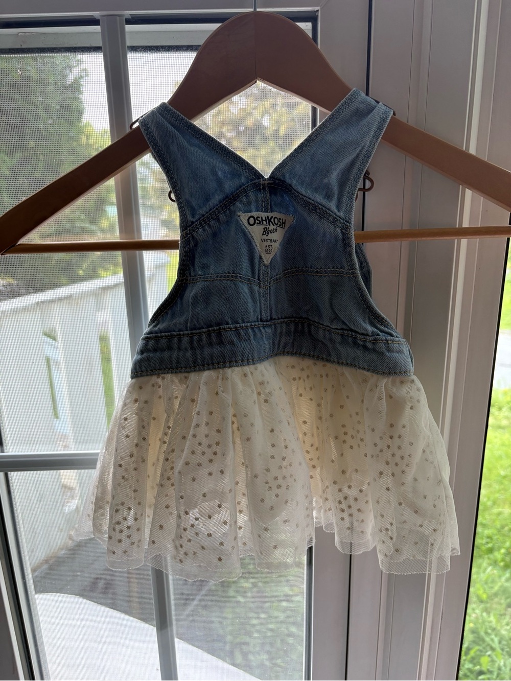 OshKosh B’gosh Baby Girl Denim Overall Tutu Dress Gold Tulle 6M - Picture 2 of 4